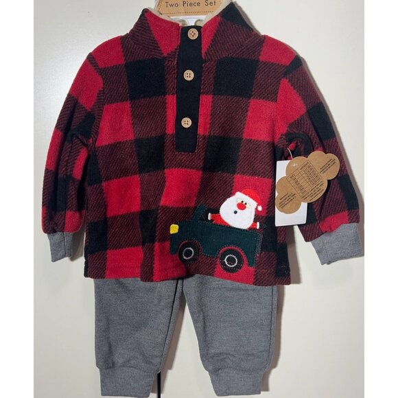 Baby Essentials Christmas Buffalo check Santa Clause Fleece set truck 3m 6m 9m - Picture 8 of 8